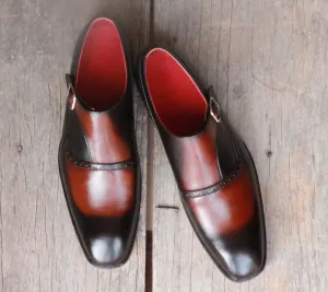 Handmade Men's Black Brown Wing Tip Leather Monk Strap Shoes, Men Designer Dress Formal Shoes