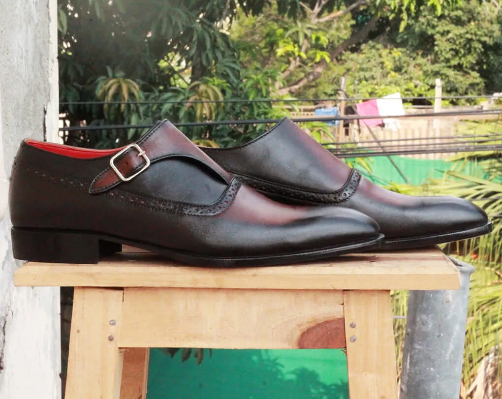 Handmade Men's Black Brown Wing Tip Leather Monk Strap Shoes, Men Designer Dress Formal Shoes