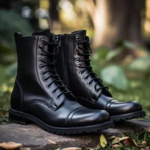 Height Increasing Black Leather Belinda Chunky Hiking Combat Lace Up Zipper Boots - AW24 - Hiking and Trekking Boots