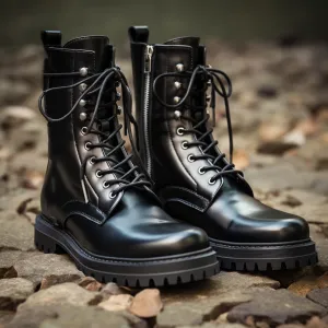 Height Increasing Black Leather Paloma Lace Up Chunky Derby Boots with Zipper and Track Sole - AW24 - Hiking and Trekking Boots