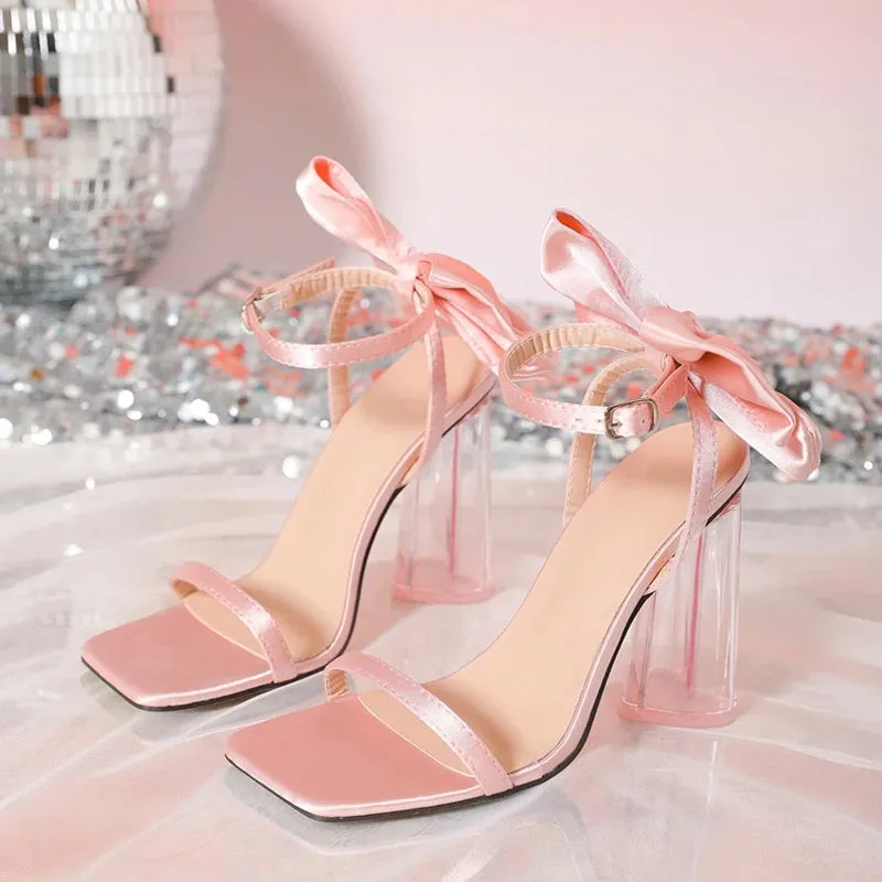 Hnzxzm Fashion Design Pink Silk Bowknot Sandals Female Sexy Square Toe Buckle Strap Summer Shoes Women Strange Transparent Heels