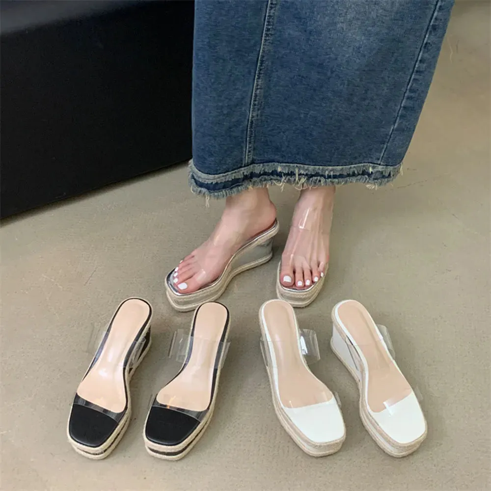 Hnzxzm Transparent Women Slippers Slides Wedge High Heels Slip On Jelly Shoes Fashion Outside Weave Design Party Pumps Shoes Woman 39
