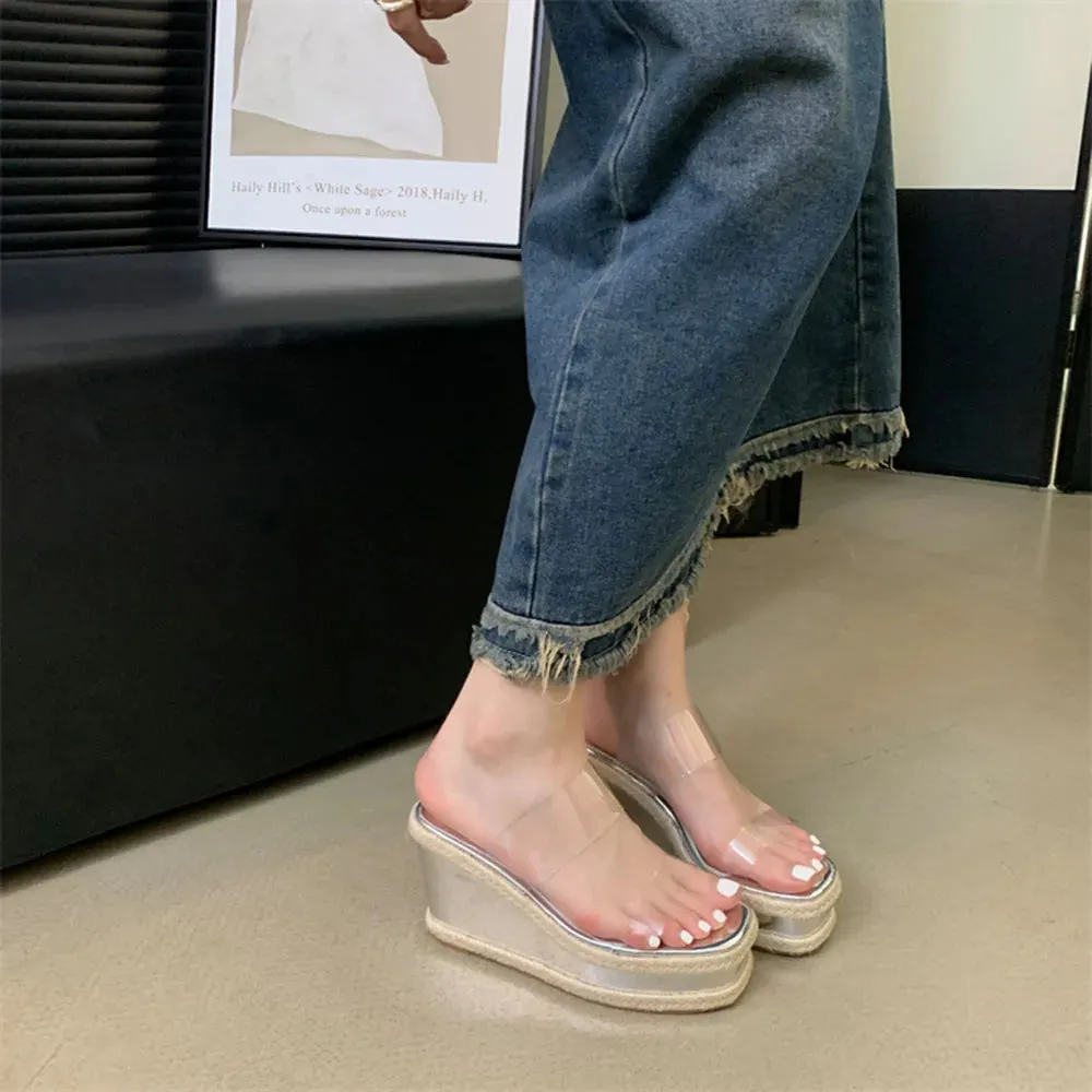 Hnzxzm Transparent Women Slippers Slides Wedge High Heels Slip On Jelly Shoes Fashion Outside Weave Design Party Pumps Shoes Woman 39