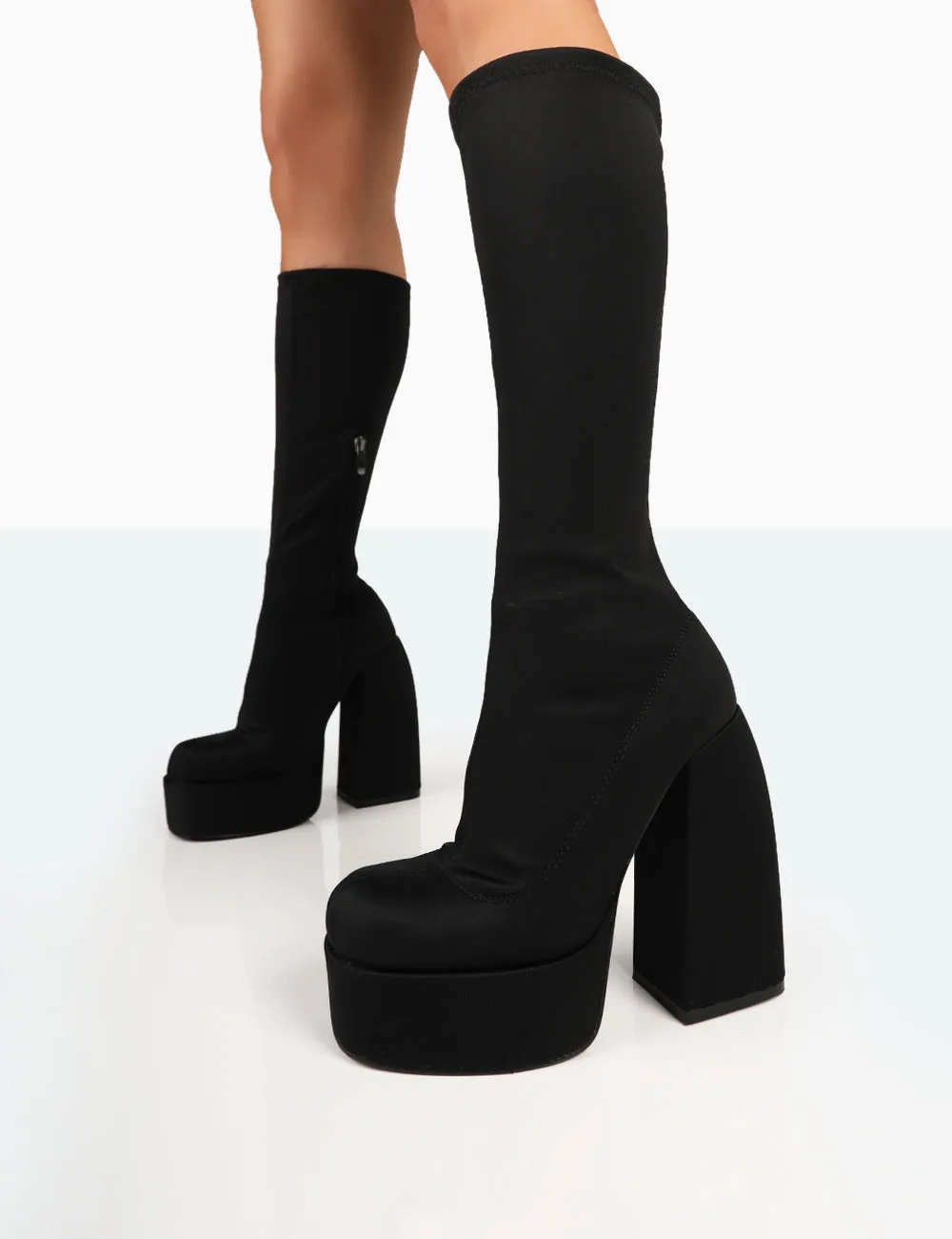 Jayce Black Nylon Chunky Square Toe Platform Block Boots
