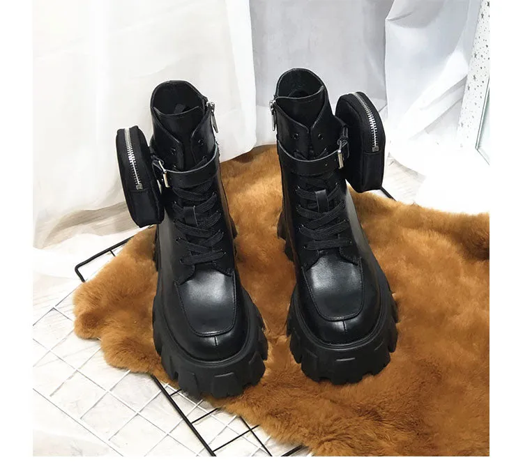 JESSY MARIA BRITISH STYLE LEATHER ANKLE BOOTS WITH POCKET IN BLACK