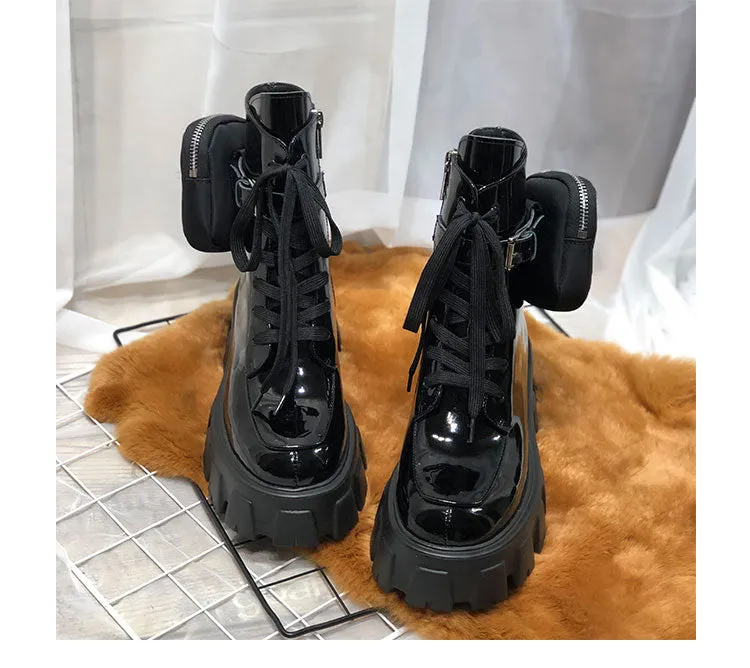 JESSY MARIA BRITISH STYLE LEATHER ANKLE BOOTS WITH POCKET IN BLACK