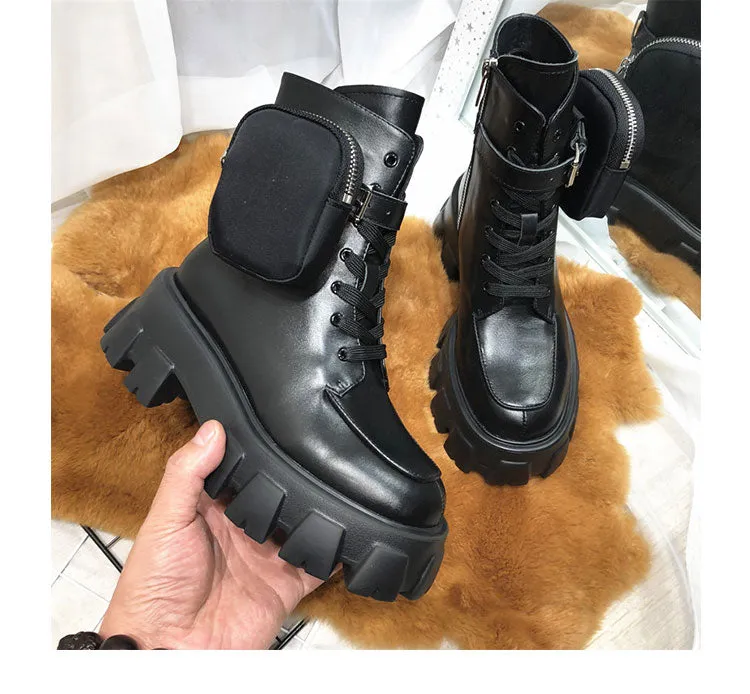 JESSY MARIA BRITISH STYLE LEATHER ANKLE BOOTS WITH POCKET IN BLACK