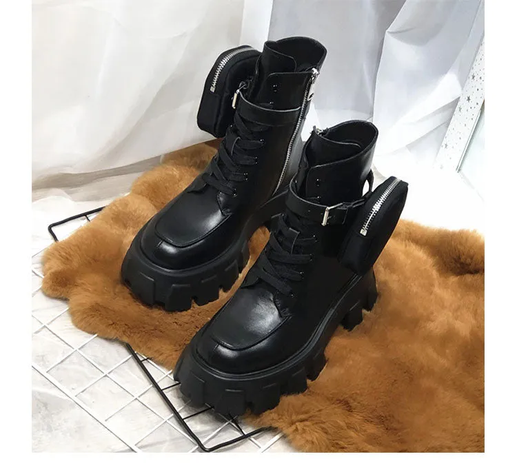 JESSY MARIA BRITISH STYLE LEATHER ANKLE BOOTS WITH POCKET IN BLACK