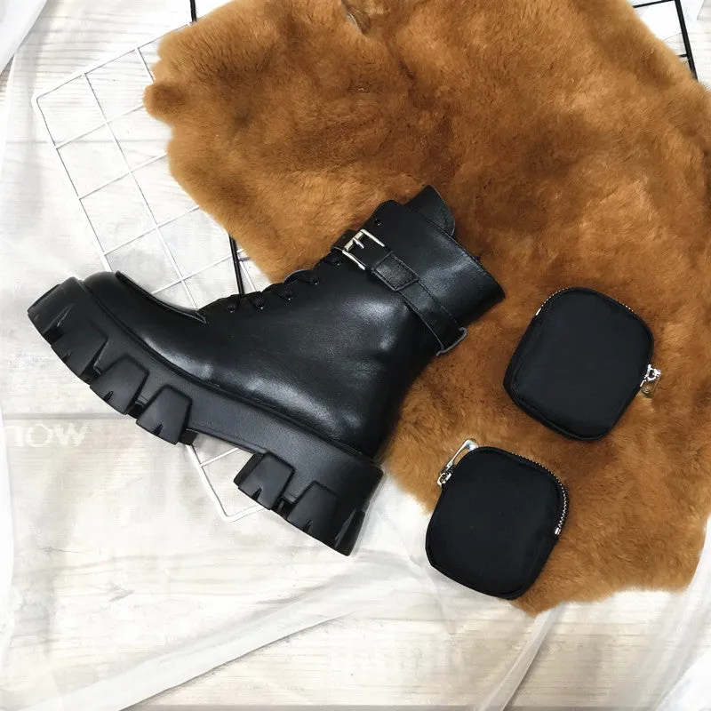 JESSY MARIA BRITISH STYLE LEATHER ANKLE BOOTS WITH POCKET IN BLACK