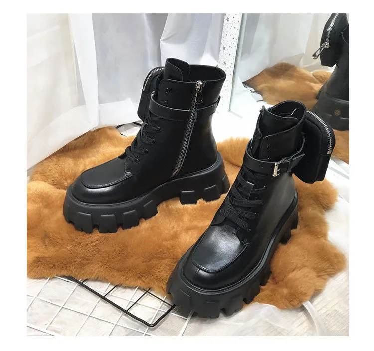 JESSY MARIA BRITISH STYLE LEATHER ANKLE BOOTS WITH POCKET IN BLACK