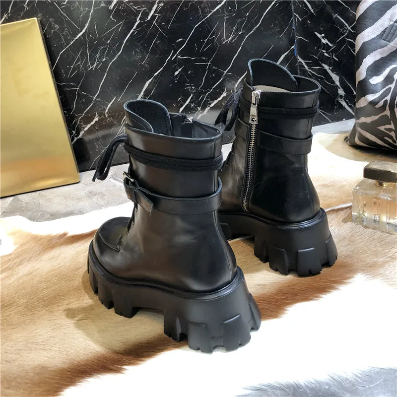 JESSY MARIA BRITISH STYLE LEATHER ANKLE BOOTS WITH POCKET IN BLACK