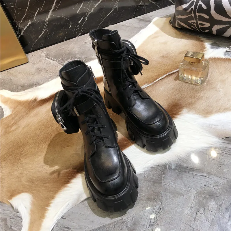 JESSY MARIA BRITISH STYLE LEATHER ANKLE BOOTS WITH POCKET IN BLACK