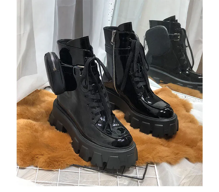 JESSY MARIA BRITISH STYLE LEATHER ANKLE BOOTS WITH POCKET IN BLACK