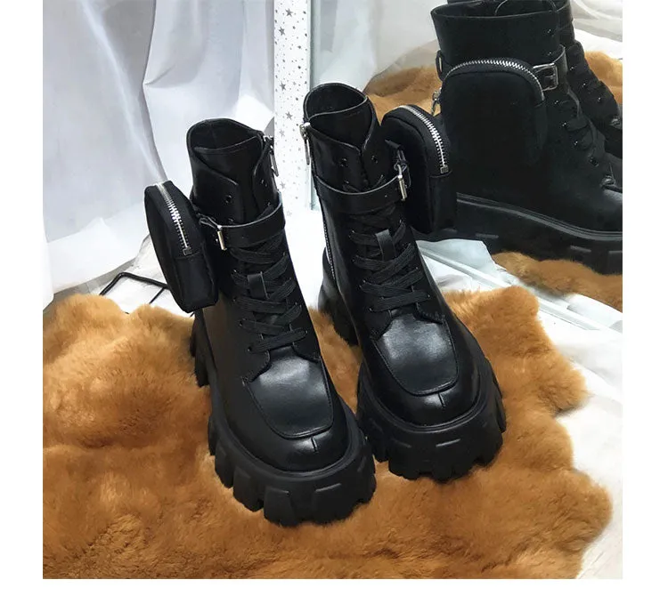 JESSY MARIA BRITISH STYLE LEATHER ANKLE BOOTS WITH POCKET IN BLACK