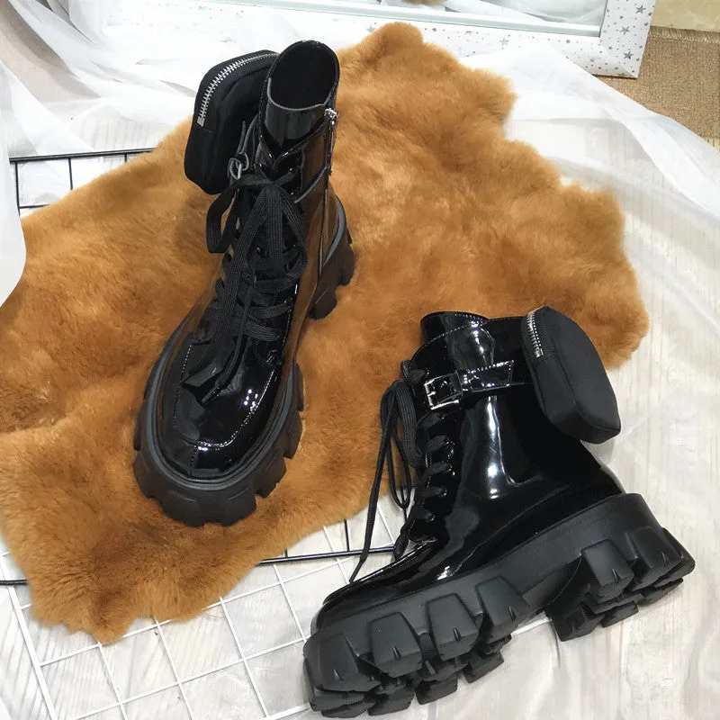 JESSY MARIA BRITISH STYLE LEATHER ANKLE BOOTS WITH POCKET IN BLACK