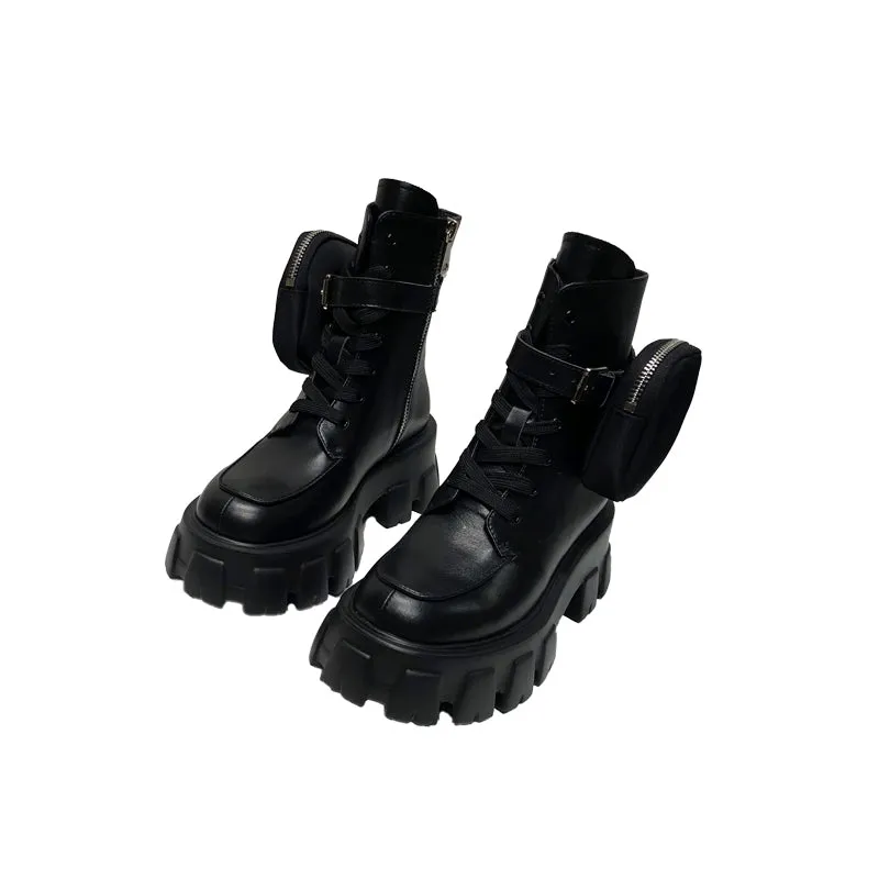 JESSY MARIA BRITISH STYLE LEATHER ANKLE BOOTS WITH POCKET IN BLACK