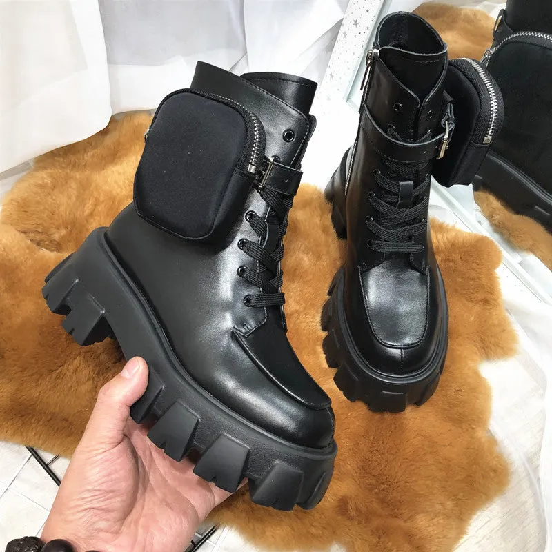 JESSY MARIA BRITISH STYLE LEATHER ANKLE BOOTS WITH POCKET IN BLACK