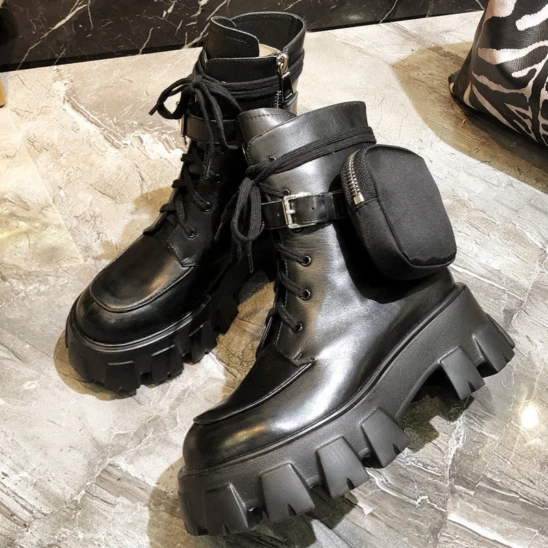 JESSY MARIA BRITISH STYLE LEATHER ANKLE BOOTS WITH POCKET IN BLACK