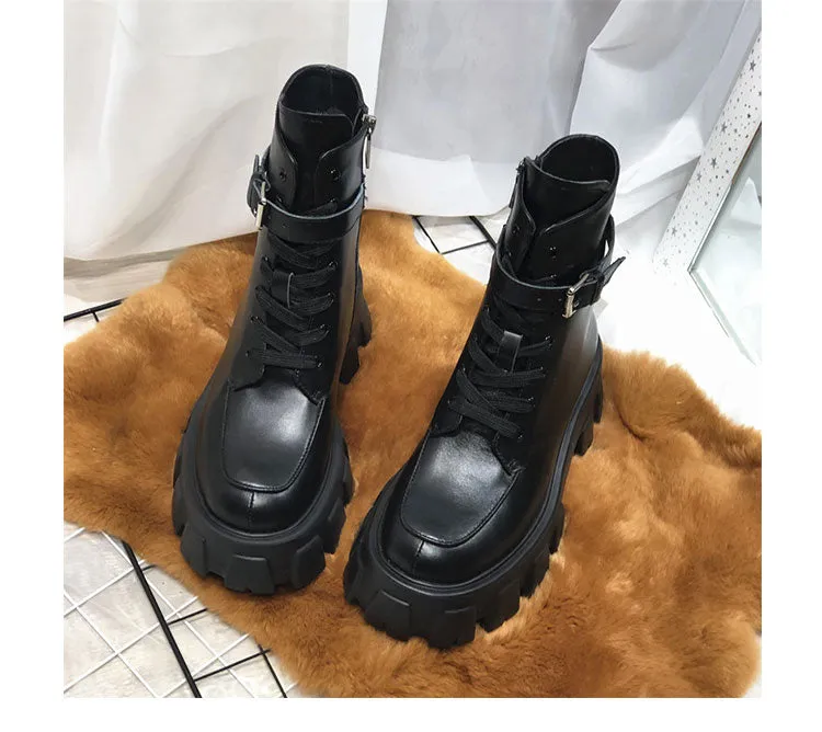 JESSY MARIA BRITISH STYLE LEATHER ANKLE BOOTS WITH POCKET IN BLACK