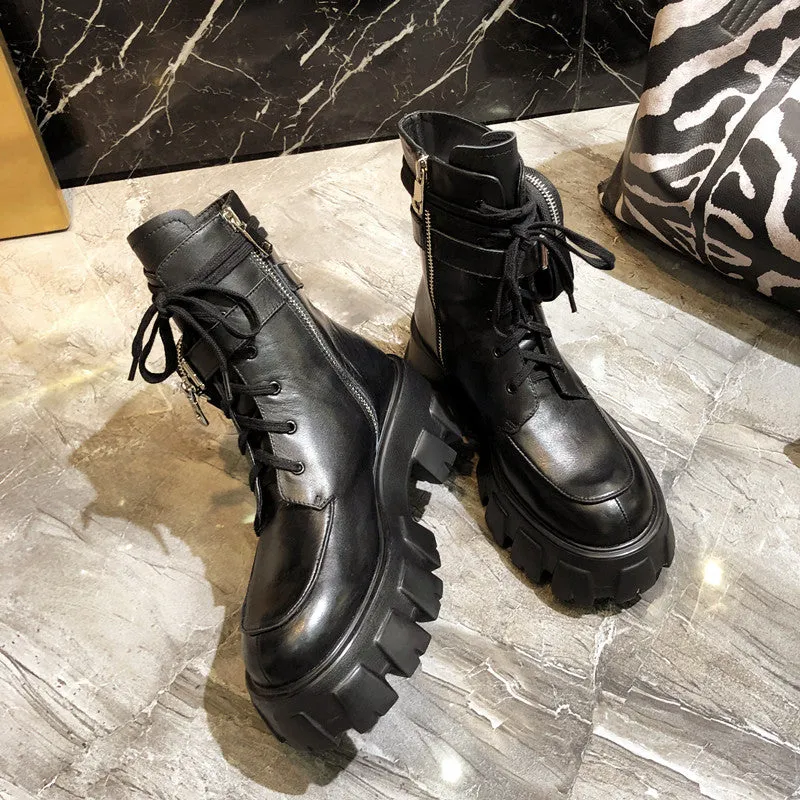 JESSY MARIA BRITISH STYLE LEATHER ANKLE BOOTS WITH POCKET IN BLACK