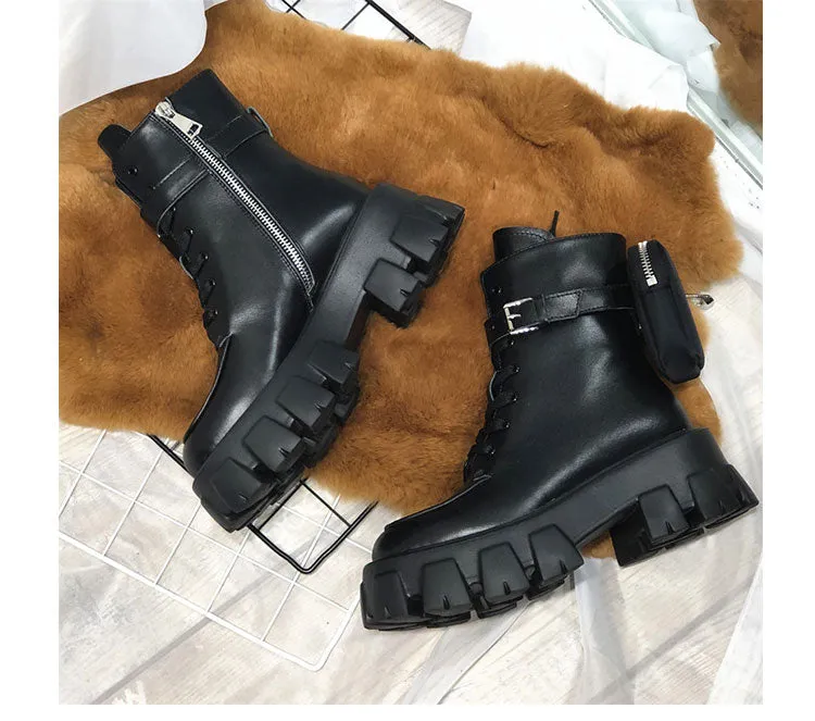 JESSY MARIA BRITISH STYLE LEATHER ANKLE BOOTS WITH POCKET IN BLACK