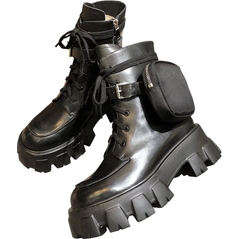 JESSY MARIA BRITISH STYLE LEATHER ANKLE BOOTS WITH POCKET IN BLACK