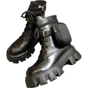 JESSY MARIA BRITISH STYLE LEATHER ANKLE BOOTS WITH POCKET IN BLACK