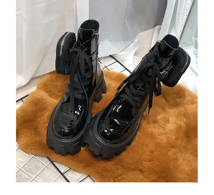 JESSY MARIA BRITISH STYLE LEATHER ANKLE BOOTS WITH POCKET IN BLACK