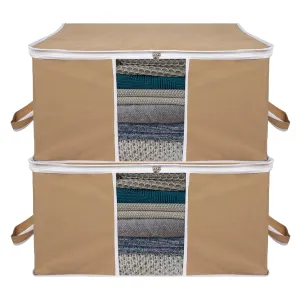 Kuber Industries Underbed Storage Bag | Clothes Storage Organizer | Blanket Cover with Clear Window | Zipper Closure & Handle Cloth Organizer | Plain White Border | Large | Pack of 2 | Brown