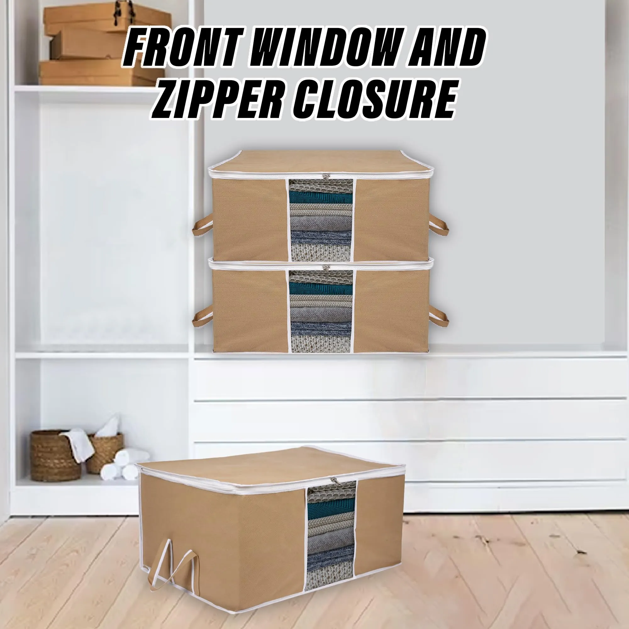 Kuber Industries Underbed Storage Bag | Clothes Storage Organizer | Blanket Cover with Clear Window | Zipper Closure & Handle Cloth Organizer | Plain White Border | Large | Pack of 2 | Brown