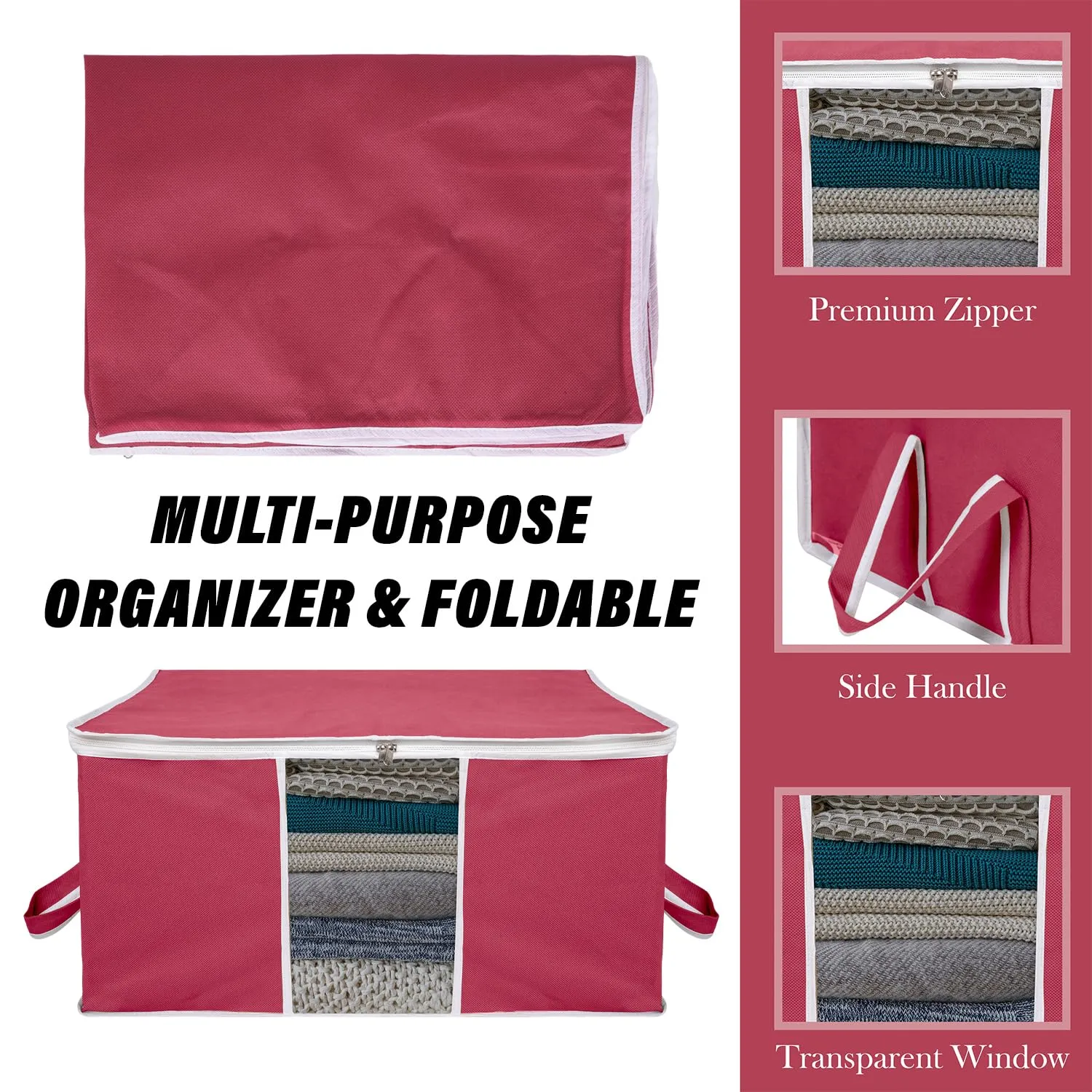Kuber Industries Underbed Storage Bag | Clothes Storage Organizer | Blanket Cover with Clear Window | Zipper Closure & Handle Cloth Organizer | Plain White Border | Large | Pack of 4 | Maroon