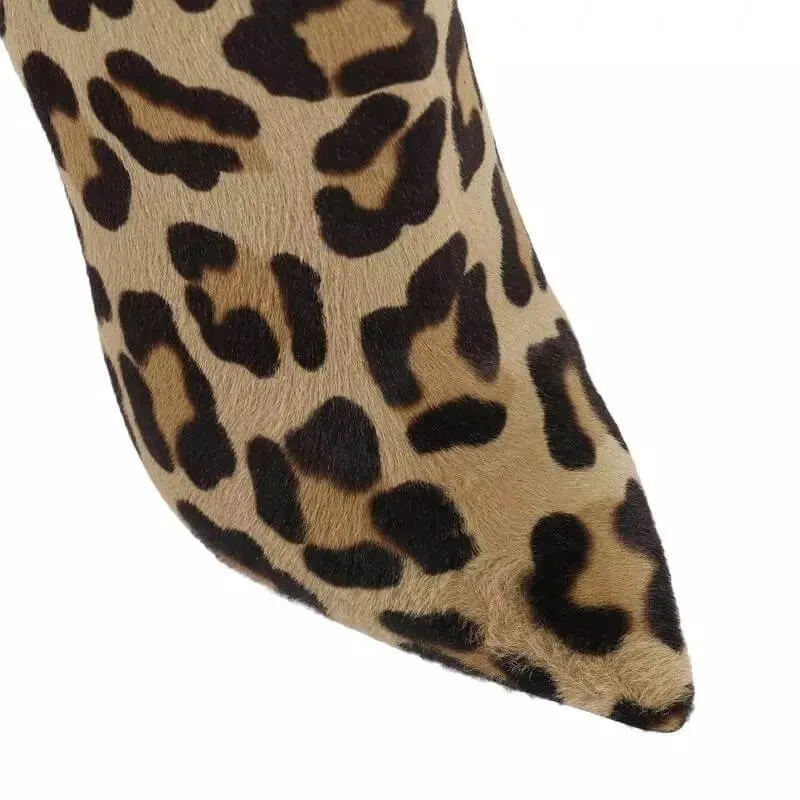 Leopard Leather High Heel Pointed Ankle Boots