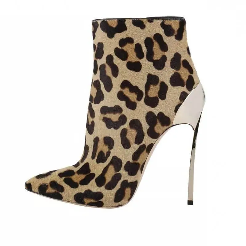 Leopard Leather High Heel Pointed Ankle Boots