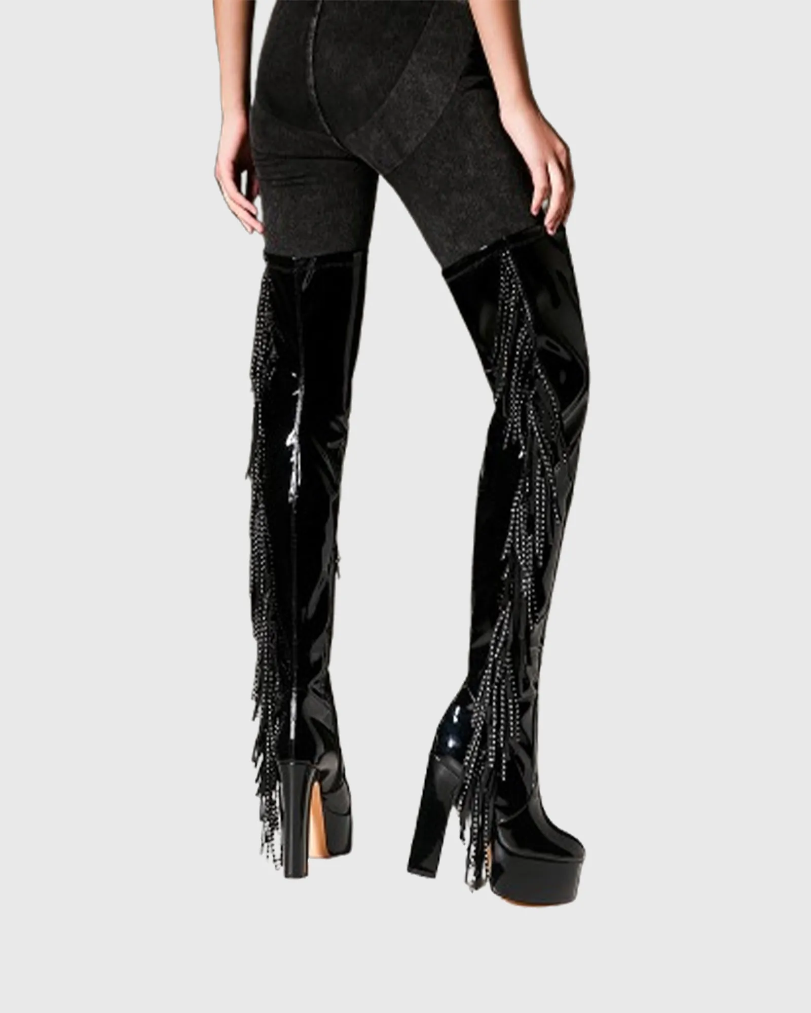 Manuela Rhinestone Fringe Platform Over The Knee Boots