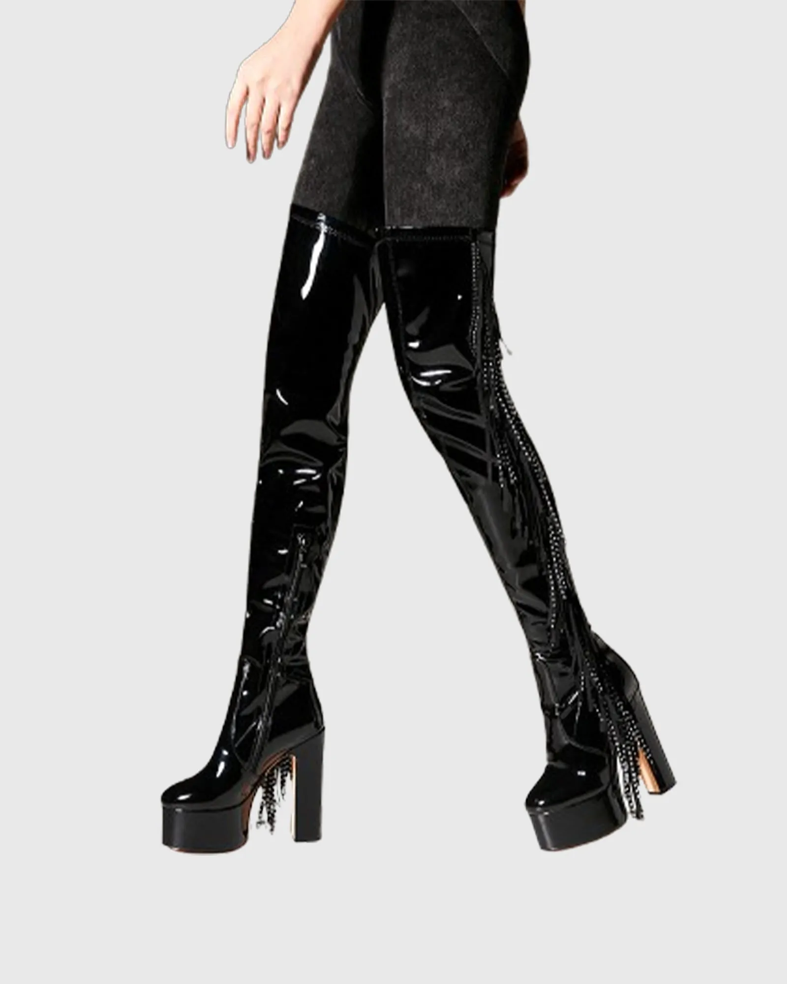 Manuela Rhinestone Fringe Platform Over The Knee Boots