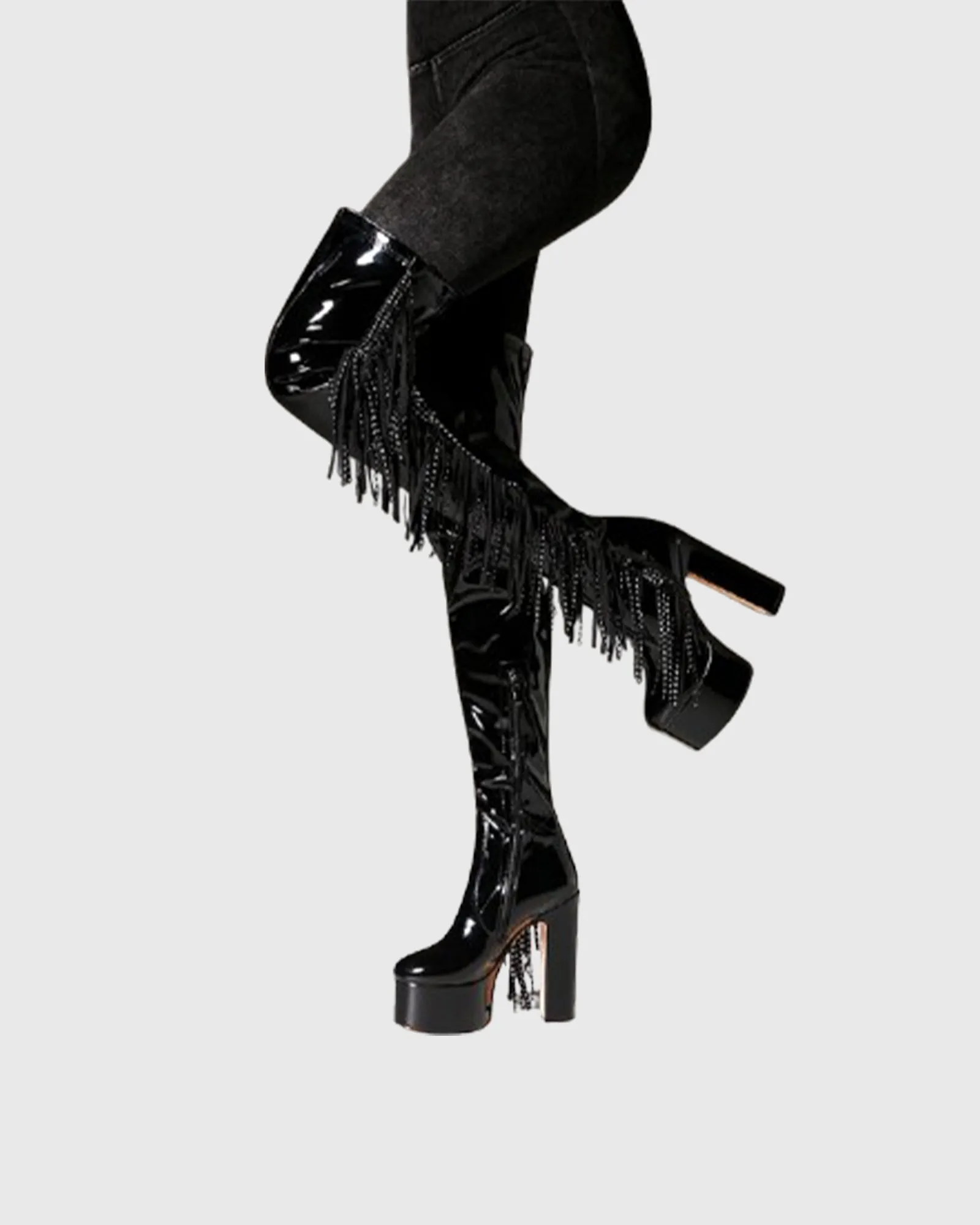 Manuela Rhinestone Fringe Platform Over The Knee Boots