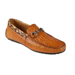 Mauri Men's Designer Shoes Cognac Exotic Snake-Skin / Ostrich Horsebit Dress-Csual Moccasins 3464 (MAO1043)