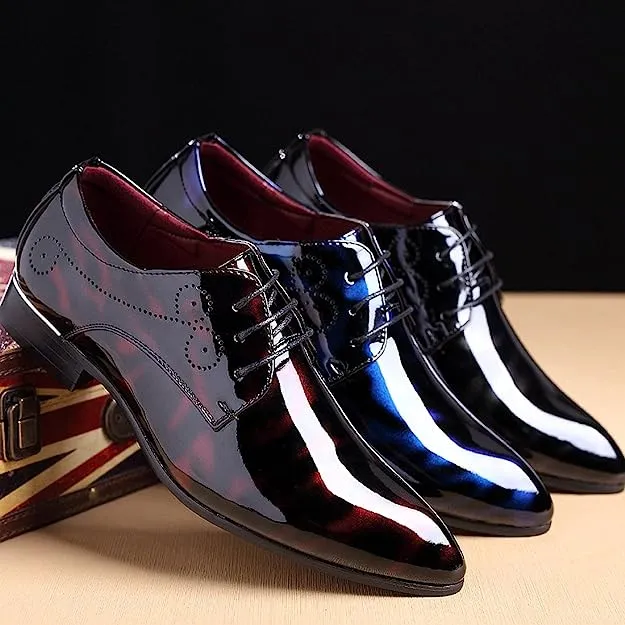 Men's Blue Floral Patent Leather Oxford Dress Shoes