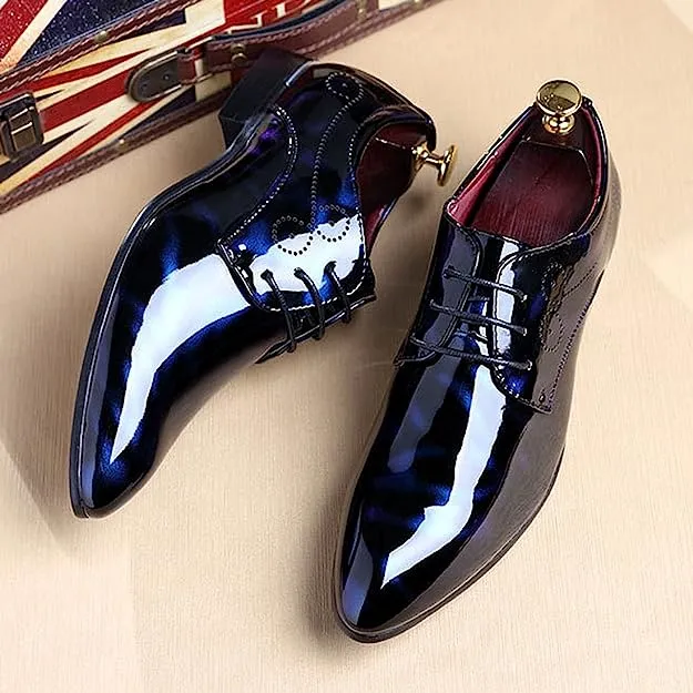 Men's Blue Floral Patent Leather Oxford Dress Shoes
