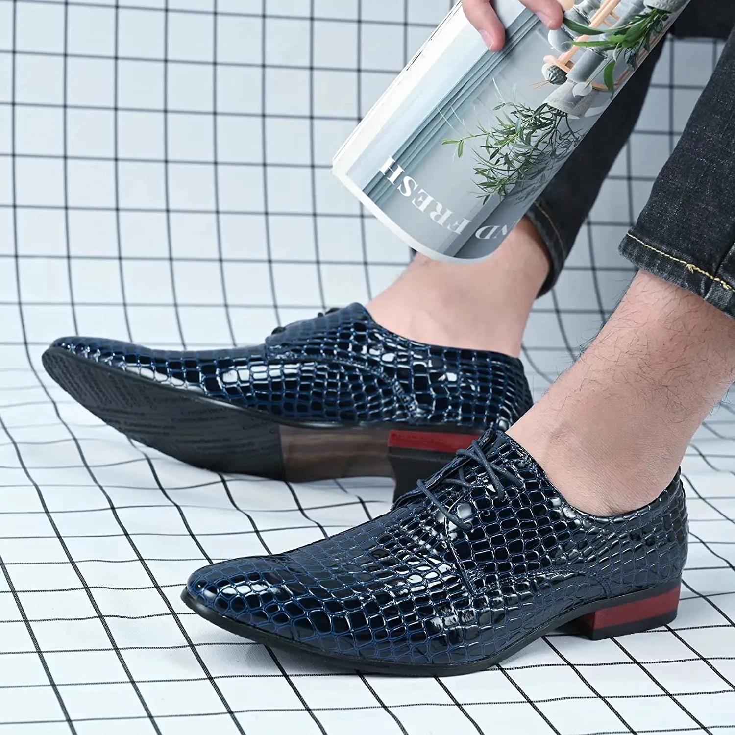 Men's Crocodile Print Blue Leather Oxford Dress Shoes
