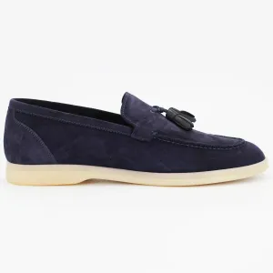 Men's tassle moccasin in calf leather suede navy blue (BRU10016)