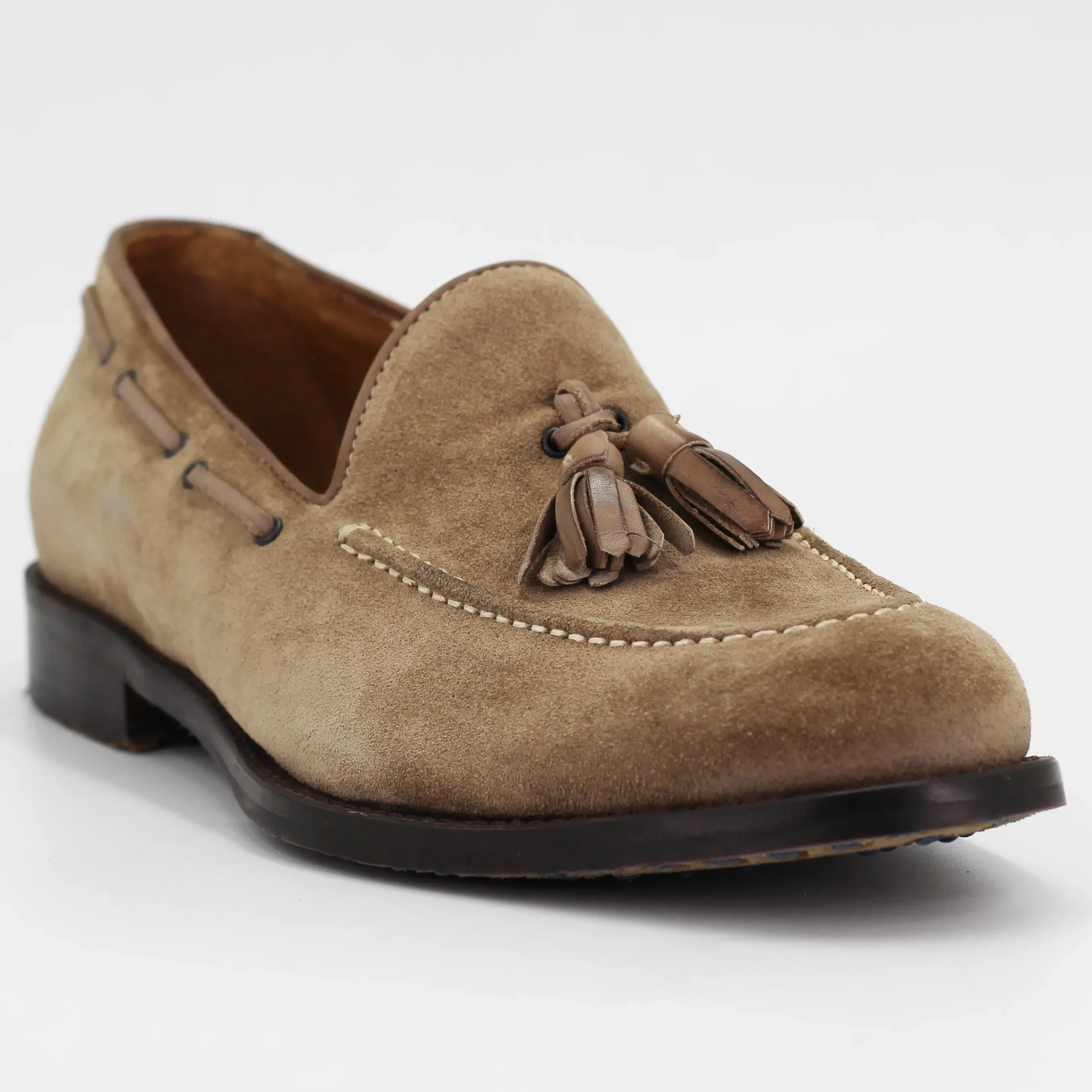 Men's tassle moccasin in calf leather suede taupe (BRU11234)