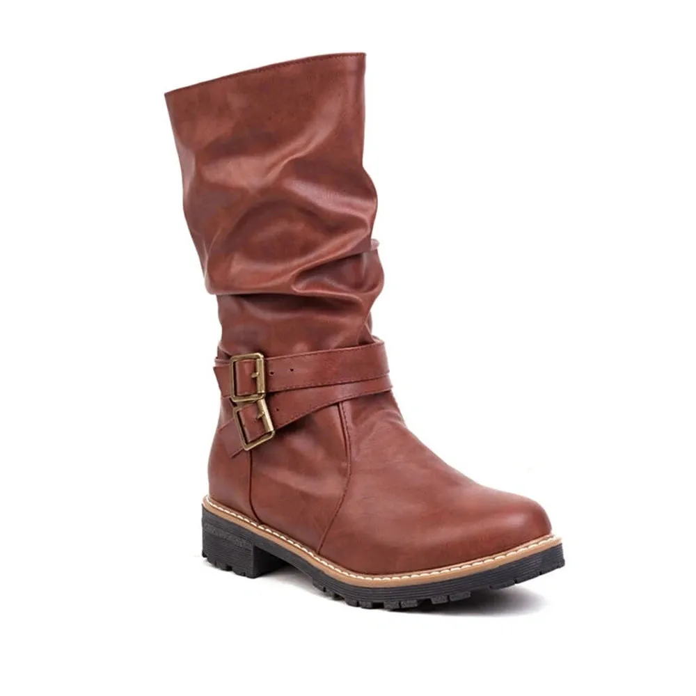 Merendy Salma Round Toe Square Low Heel Retro Knee High Wide-Calf Boots