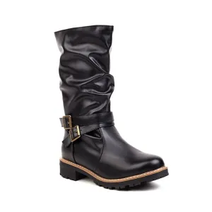 Merendy Salma Round Toe Square Low Heel Retro Knee High Wide-Calf Boots