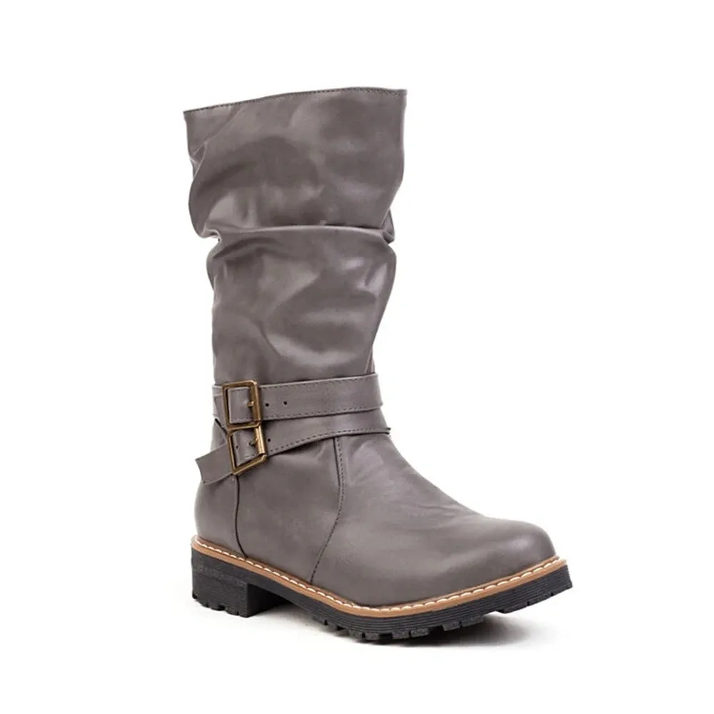 Merendy Salma Round Toe Square Low Heel Retro Knee High Wide-Calf Boots