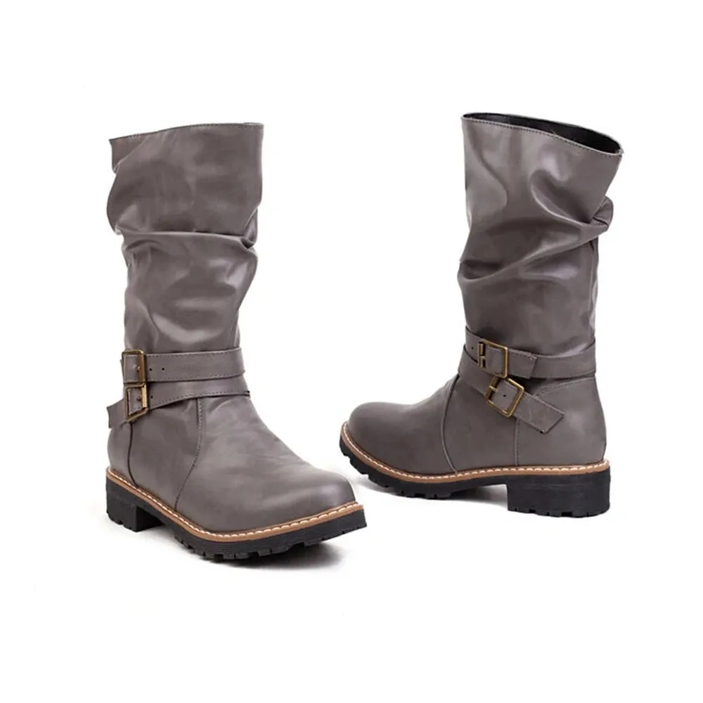 Merendy Salma Round Toe Square Low Heel Retro Knee High Wide-Calf Boots