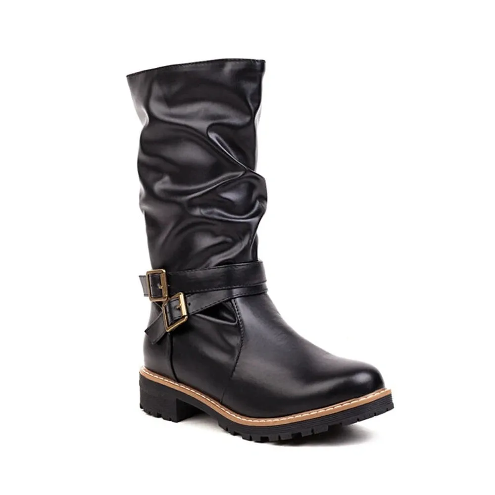 Merendy Salma Round Toe Square Low Heel Retro Knee High Wide-Calf Boots