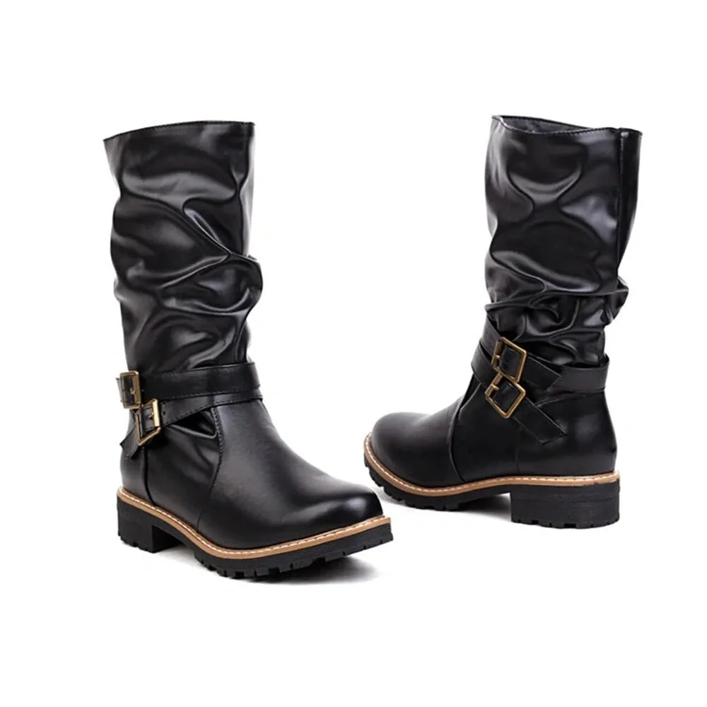 Merendy Salma Round Toe Square Low Heel Retro Knee High Wide-Calf Boots