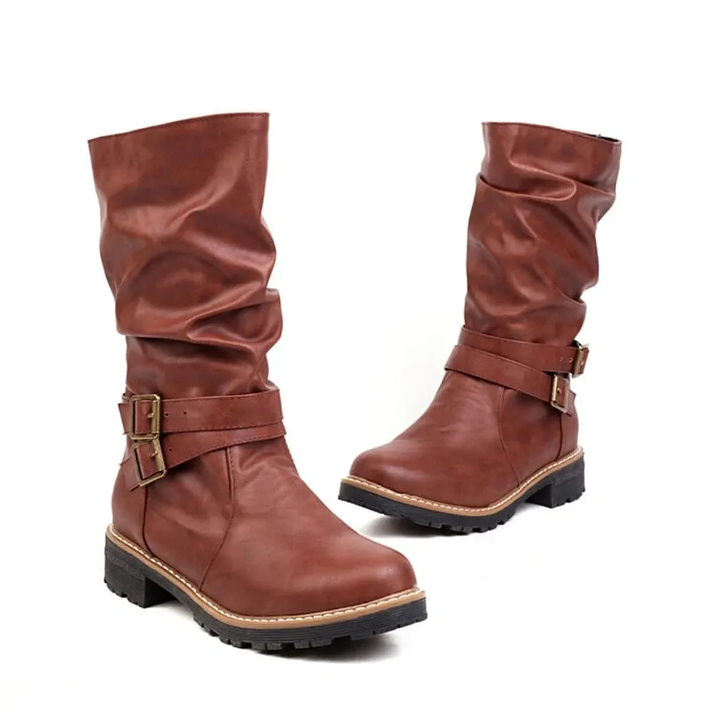 Merendy Salma Round Toe Square Low Heel Retro Knee High Wide-Calf Boots