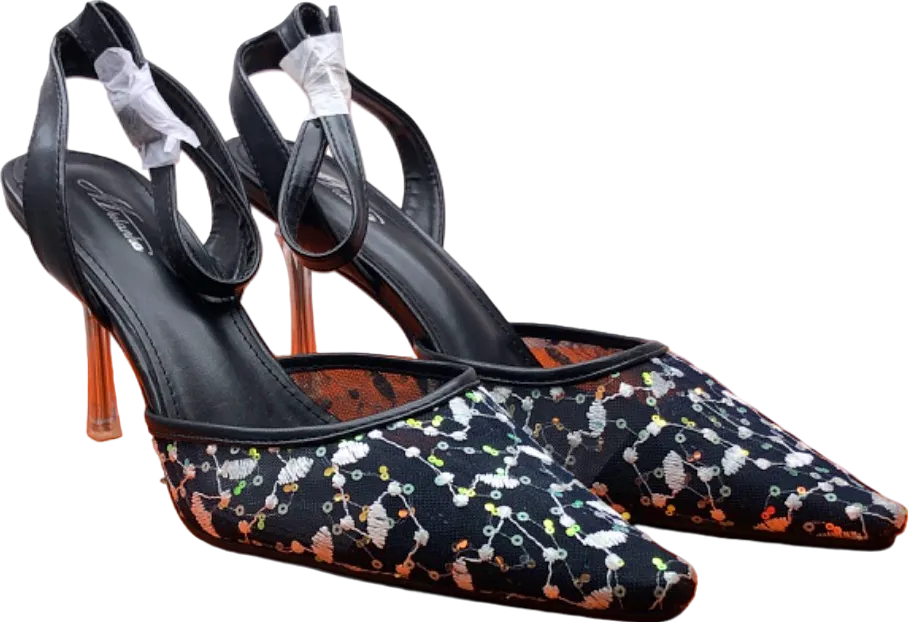 Mulanka Black Floral Embellished Heeled Sandals UK 7.5